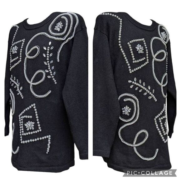 Victoria Harbour Black Sweater Pearl Beaded Embellished Shoulder Pads Size S - Picture 4 of 8